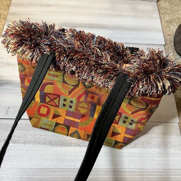 One of a Kind Tapestry Purse With Multi Color Fringe Around Top Print Fabric - Picture 2 of 5